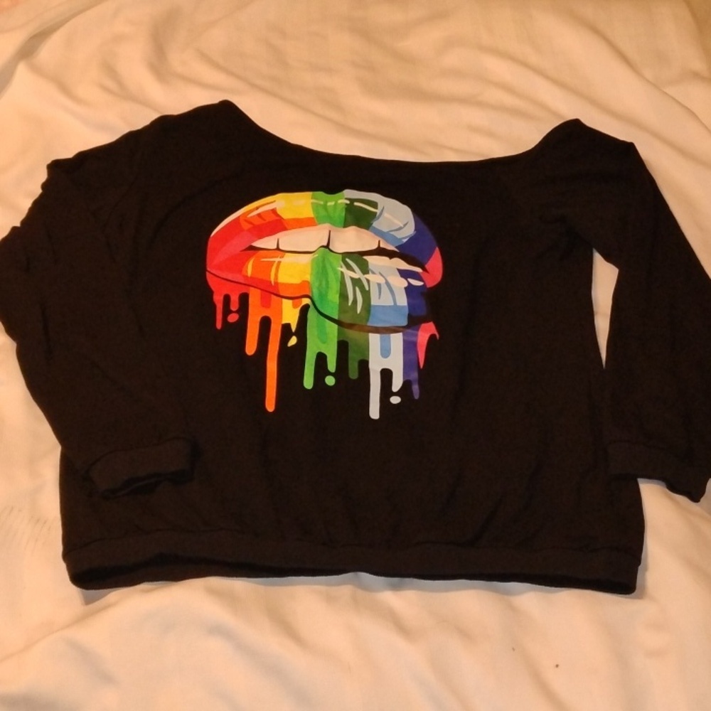 MAGICMK Women’s Lips Print Off The Shoulder Long Sleeve Sweatshirt, Size: L